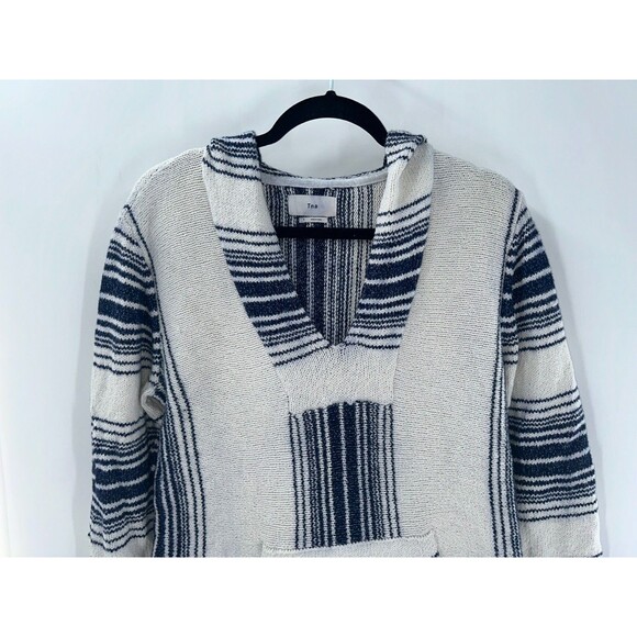 Women's Aritzia TNA Blue Cream V-neck Hooded Poncho BOHO Tunic Sweater Size S - Picture 2 of 8